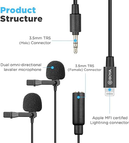 BOYA BY-M2D - Micrófonos digitales omnidireccionales de doble cabezal Lavalier compatibles con dispositivos iPhone, iPad y iPod Touch iOS