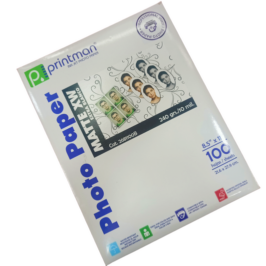 Papel Printman mate extra blanco, doble cara 10.5 MILS, 240 GRS. 8.5" X 11", 21.6 X 27.94 CMS, 100 HJS.