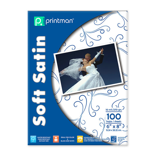 Papel PRINTMAN soft satin (satinado) 270 grs. 10 mils. 6"x 8" 15.24 x 20.32 cms. 100 hjs.