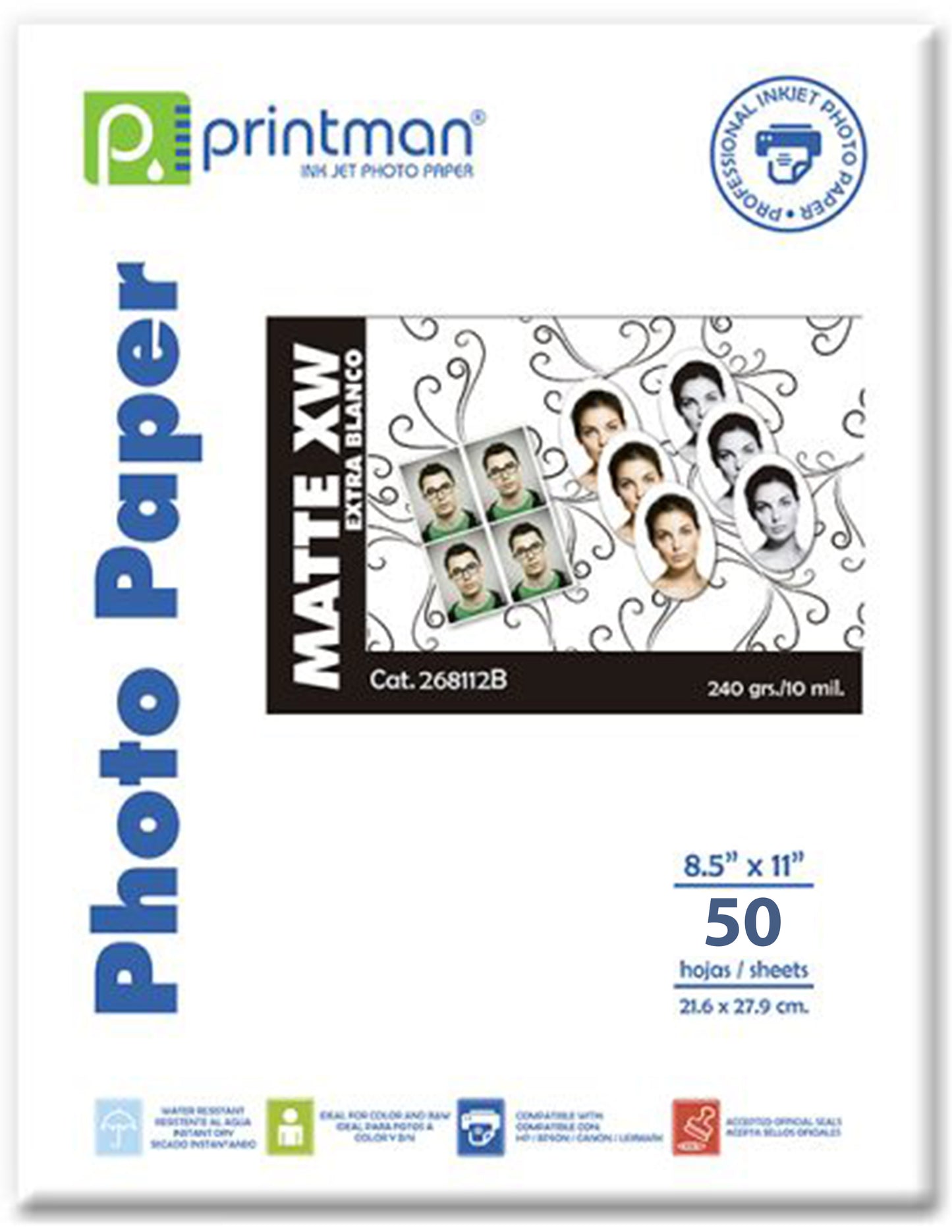 PAPEL PRINTMAN 8.5X11 Xw BLANCO 50H 10.5MILS/240GRS