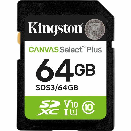 Memoria Kingston SDXC UHS-I U1 Canvas Select Plus de 64GB, Gen 3, 100 MB/s, Clase 10.